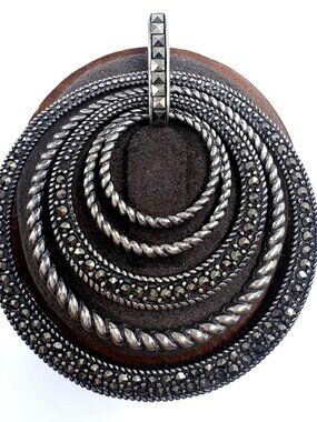 VTG Sterling Silver 925 Marcasite Concentric Circle Pendant Size 2.25" Length
